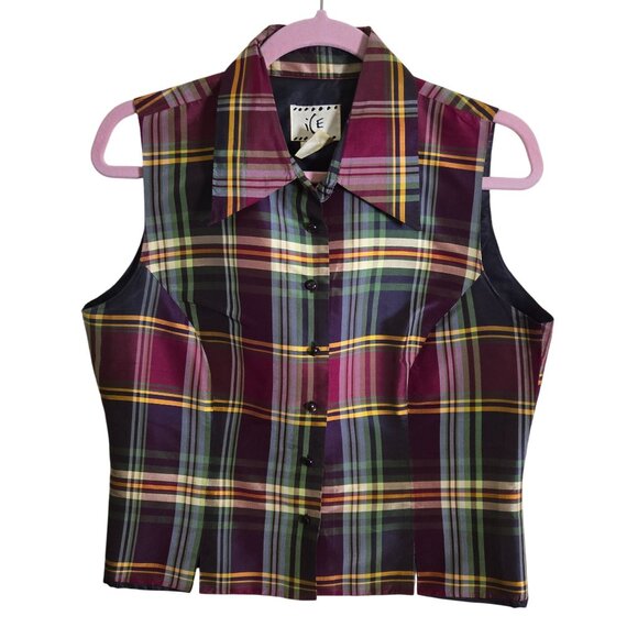 Ice Vintage Plaid Autumnal 100% Silk Button Down Collared Vest Trending Size M - Picture 2 of 5